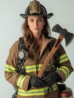 Female Firefighter Posed Confidently with Firefighting Tool photo
