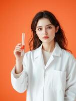 Examining Test Tube with Curiosity in Studio Environment photo