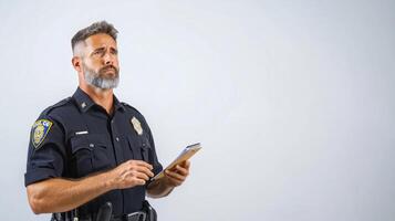 Police Officer Showcasing Professionalism Against White Canvas photo