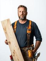Carpenter with Wooden Plank Ready for Construction photo