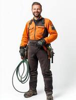 Friendly Gardener Smiling with Garden Hose Ready for Action photo