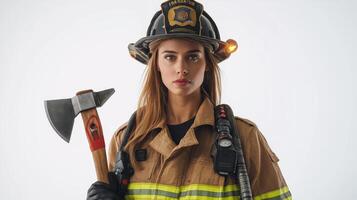 Powerful Female Firefighter Ready for Action with Axe photo