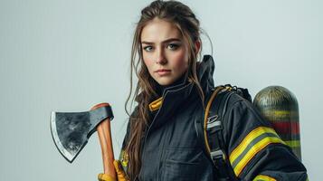 Strong and Determined Firefighter in Studio Setting photo