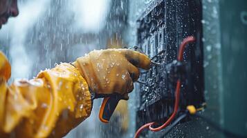Close-Up of Electrician Working on Electrical Box in Light Rain photo