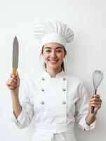 Half Body Portrait of Chef in Toque Against Minimalist Backdrop photo