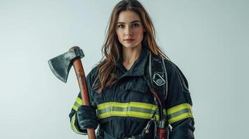 Strong Posture of Firefighter with Axe Against White Background photo