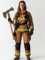 Focused Firefighter in Uniform Against Minimalist Backdrop photo