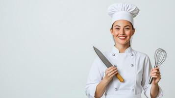 Focused Female Chef in White Uniform Holding Knife and Whisk photo