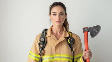Attentive Female Firefighter in Uniform Holding Axe photo