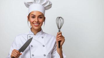 Chef in Toque Holding Knife and Whisk with Confidence photo