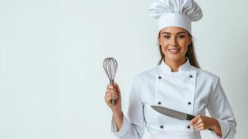 Chef with Knife and Whisk Capturing Culinary Expertise photo