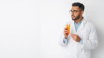 Lab-Coated Researcher Posed Thoughtfully Against White Canvas photo