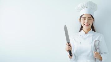 Confident Chef Posing with Professional Knife and Whisk photo