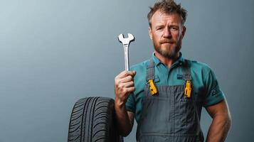 Passionate Mechanic Holding Tire and Wrench Against Simple Gray photo