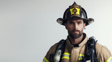 Heroic Firefighter in Full Gear Posing Against White Background photo