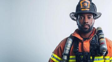 Committed Firefighter in Full Gear Showcasing Strength on White photo