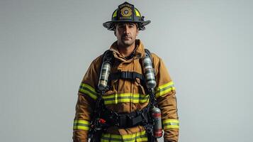 Steadfast Firefighter in Gear Posing with Determination photo