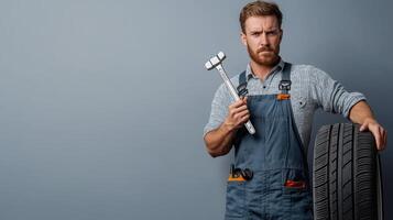 Reliable Mechanic Showcasing Tools and Tire Against Gray Backdrop photo