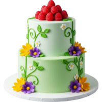 Whimsical Two Tiered Cake with Raspberries and Flowers png