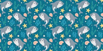 Seamless pattern with cute sharks, starfish, shells. . Marine summer background. Trendy pattern in flat style, design for wrapping paper, wallpaper, stickers, notebook cover. vector