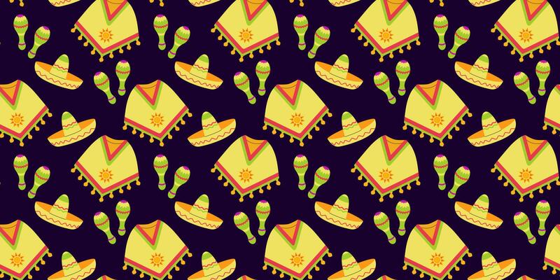 Mexican culture pattern, maracas, poncho, sombrero on a blue background. Cinco de Mayo texture, print, background for banner, and other designs