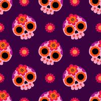 Seamless Mexican-style pattern with skulls and flowers. Colorful Day of the Dead motif perfect for textile design, wrapping paper, scrapbooking, and background use. Folk art illustration vector