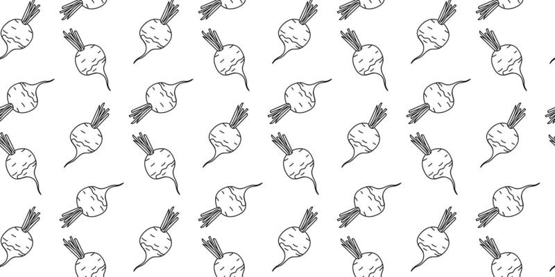 Repeating pattern of hand-drawn radishes on a white background showcasing simple artistic design for fabric or wallpaper