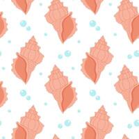 Seamless pattern with shells and bubbles. Seashell summer background. Trendy pattern in flat style, design for wrapping paper, wallpaper, stickers. vector
