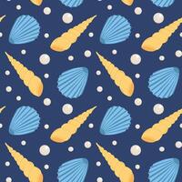 Seamless pattern with shells and pearls. Marine summer background with shells. Trendy pattern in flat style, design for wrapping paper, wallpaper, stickers, notebook cover. vector