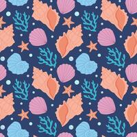 Seamless pattern with shells and seaweed. Marine summer background with shells. Trendy pattern in flat style, design for wrapping paper, wallpaper, stickers, notebook cover. vector