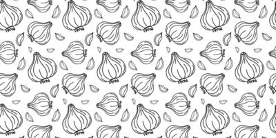 Repetitive pattern of hand-drawn garlic bulbs with scattered cloves on a white background for culinary design vector