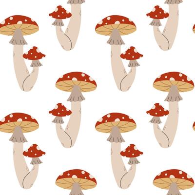 Seamless pattern with cute fly agarics on a white background. illustration.