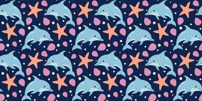 Seamless pattern with dolphins, starfish, shells. illustration. Marine summer background. Trendy pattern in flat style, design for wrapping paper, wallpaper, stickers, notebook cover. vector