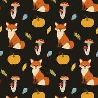 Autumn seamless pattern with cute fox and leaves on a black background. Design for children's clothing, textiles, wrapping paper, notepads and notebooks vector