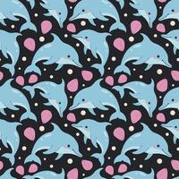 Seamless pattern with dolphins, shells on black background. Marine summer background. Trendy pattern in flat style, design for wrapping paper, wallpaper, stickers, notebook cover. vector