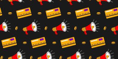 Seamless pattern on the theme of sale with a megaphone, credit card and coins. vector