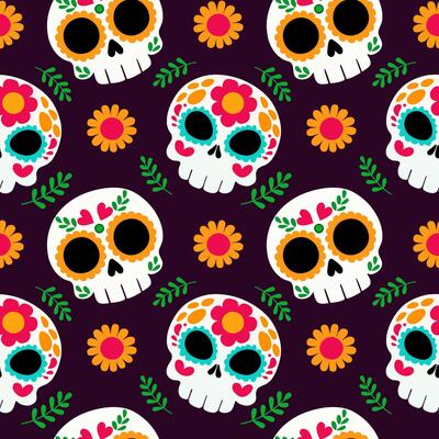 Seamless pattern of skulls and flowers in Mexican style, background for design, textile, wrapping paper, scrapbooking, Cinco de Mayo