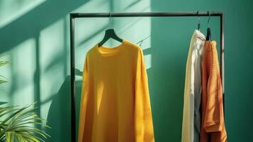 Clothes Rack Displayed Against Teal Wall Featuring Yellow Sweater and Warm Lighting photo