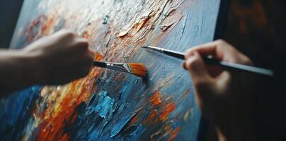 Hands Painting With Paintbrushes On Canvas Creating Abstract Artwork With Blue Orange And White Colors photo