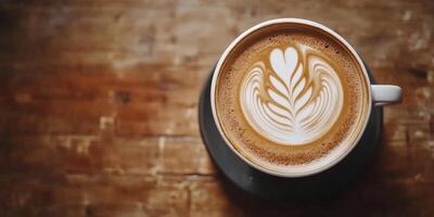 Overhead View of Coffee Latte Art in White Ceramic Cup on Wooden Table photo