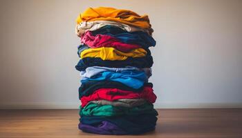 Stack Of Colorful Folded Clothes On Wooden Floor Against White Wall With Daylight And Neutral Background photo