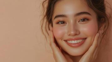 Smiling Young Woman With Glowing Skin And Soft Makeup Touching Face Against Peach Backdrop photo