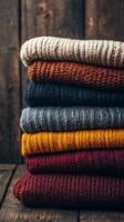 Stack Of Colorful Folded Sweaters In Various Hues On Wooden Surface Creating Warm Autumn Feel photo