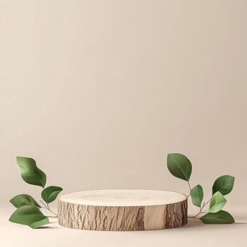 Wooden Tree Stump Display With Green Leaves Against A Beige Backdrop Showing Product Showcase photo