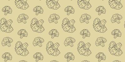 Pattern of hand-drawn broccoli on a soft yellow background showcasing a playful vegetable design vector