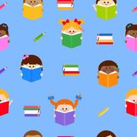 Children reading books background. Literature and education for repeating pattern school kids. Seamless pattern. vector