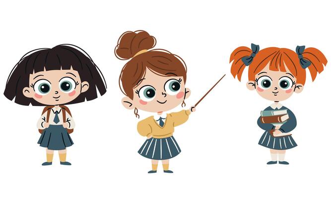 A set of flat illustrations in a simple children's style. Cute schoolgirls with textbooks and pointing pointer on white background
