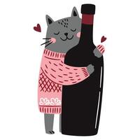 Cute cat in sweater hugging a wine bottle. Flat illustration in simple children's Scandinavian style vector