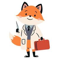 Flat illustration in a simple children's style. Cute foxy doctor with first aid kit and injection on white background vector