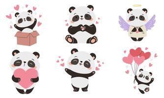 A set of flat illustrations in a simple children's style. Cute illustrations for valentine's day. Cute pandas with hearts, flying on balloons and jumping out of a box vector